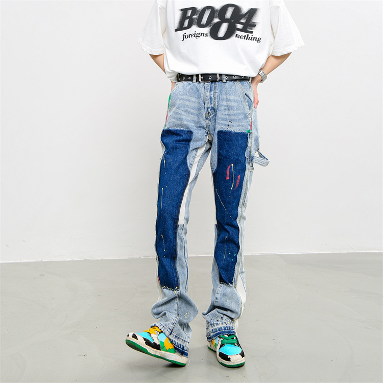 Herrenbekleidung High Street Washed Old Ink Splash Retro Functional Deconstructed Jeans Lose Gerade Freizeithose für Herren_voghion.com