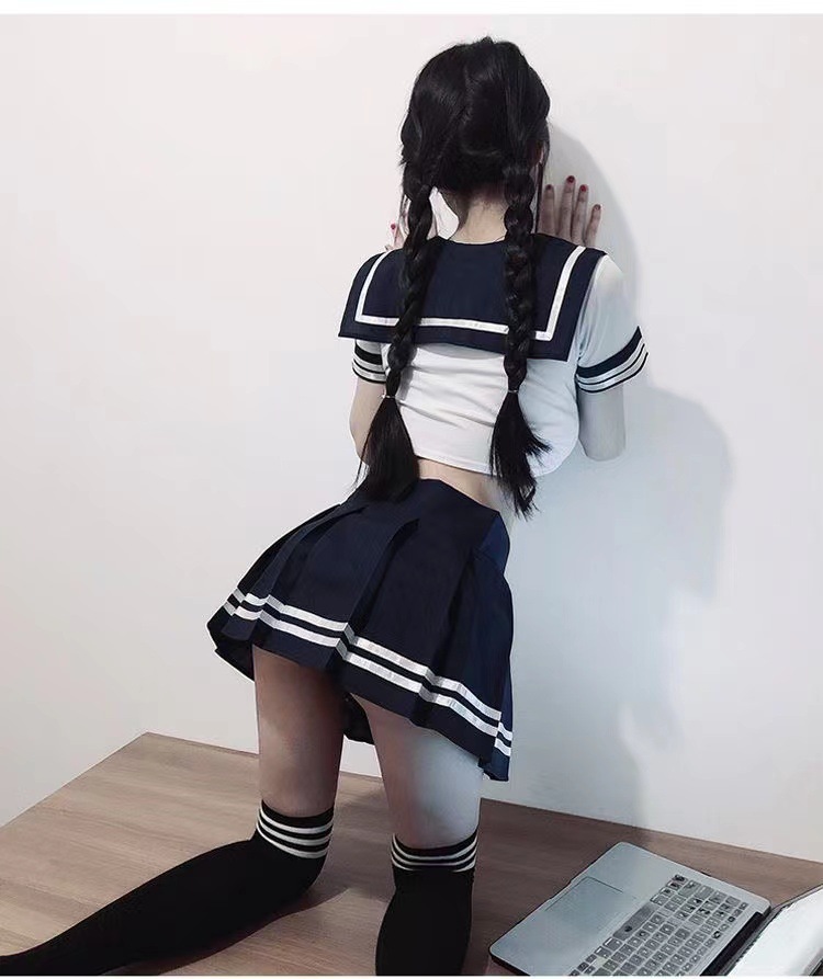 College-Style Roleplay Uniform Set with Navy Collar Miniskirt and Student Socks — detail image 4