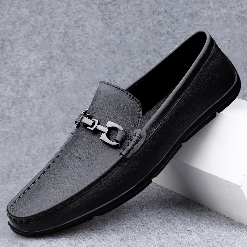 Transmisión en vivo de zapatos Bean para hombres de cuero de vaca transfronterizos de alta calidad transpirables de cuero suave con un pedazo de zapatos de cuero casuales para hombres