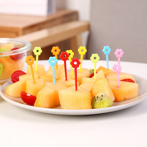 Mini floral decoration rice ball skewer, four-color flowers, cute animal baby fruit cake dessert fork
