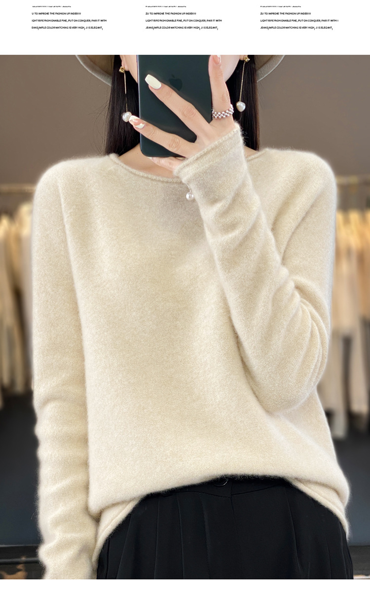 2023年秋冬新款韩版女士纯羊毛圆领卷边长袖纯色套头打底羊毛衫详情18