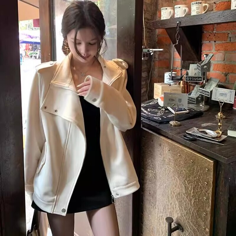 Titi Sister [White Chocolate Lover] Suede Jacket for Women, Autumn Off-White Design, Loose Motorcycle Style Jacket