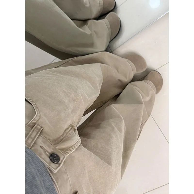 빈티지 워싱 카키 실루엣 와이드 데님 팬츠 여성 디자인 감각 하이웨스트