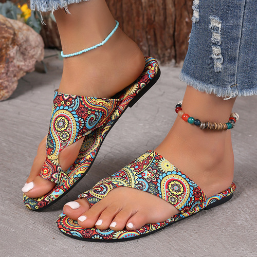 Flat open-toe sandals with a large size, summer new breathable patterned Roman style slippers