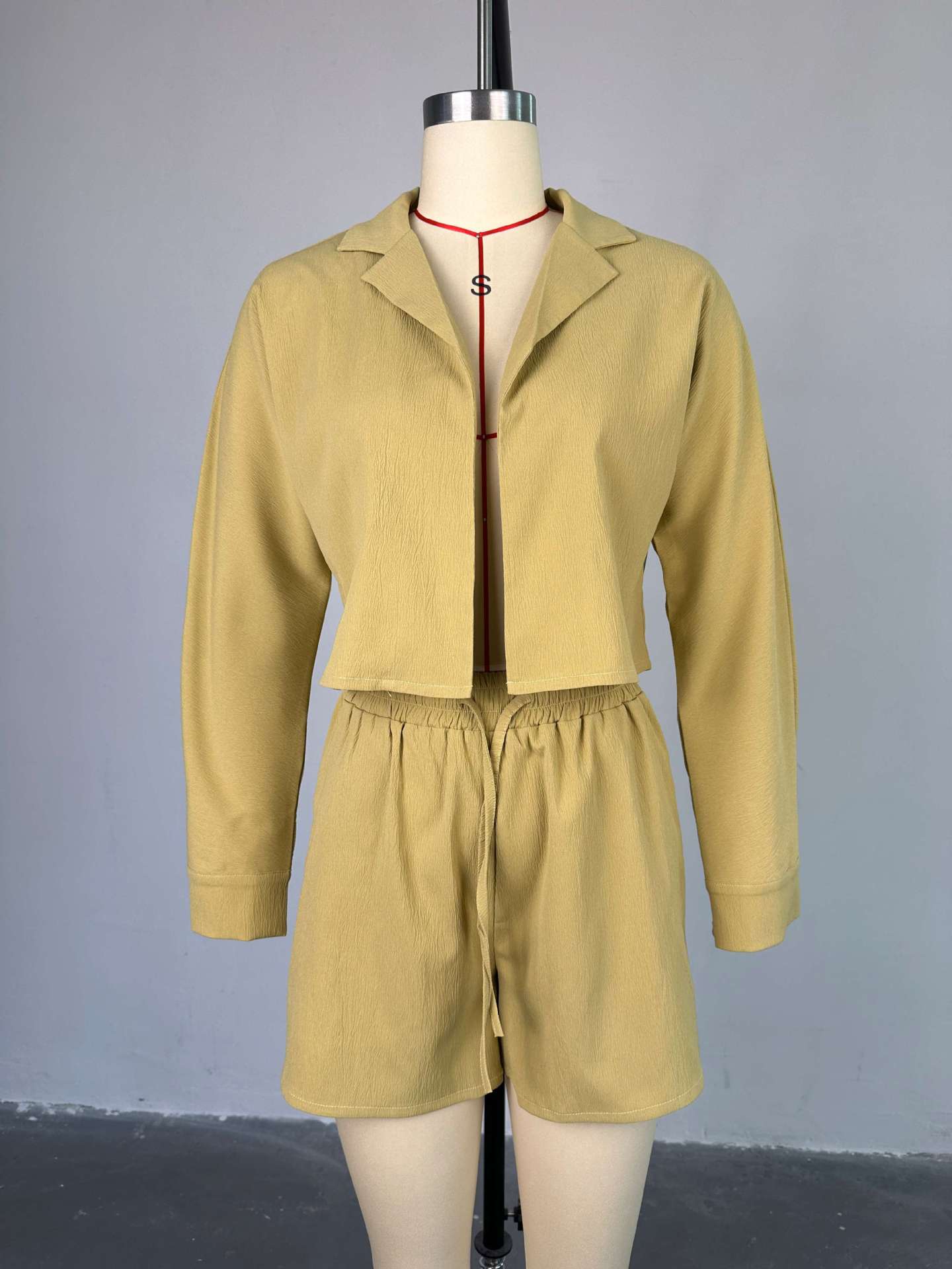 Women Clothing Summer Sweet Fresh Suit Collar Long Sleeve Shirt High Waist Drawstring Shorts Casual Suit