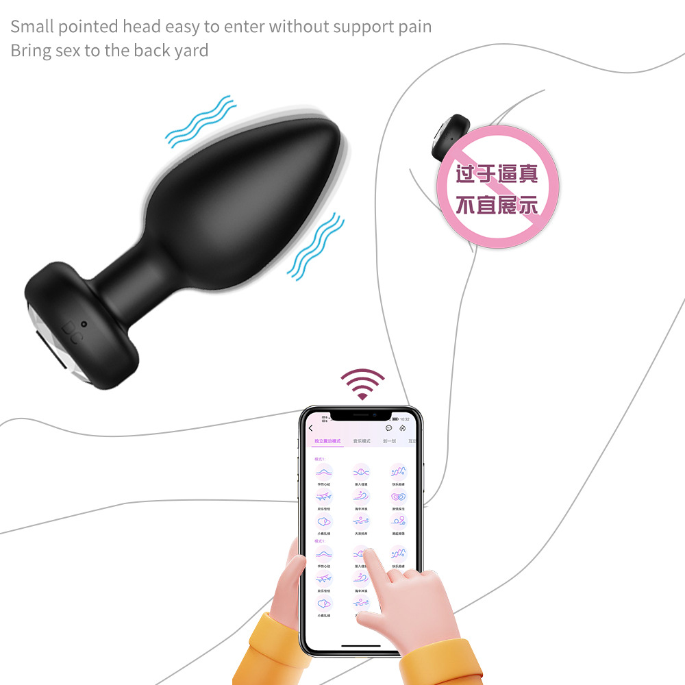 APP Remote Control Vibrating Anal Plug Set, 10 Frequencies, Silicone, Black, 4-Piece — detail image 10