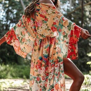 Beach blouse chiffon printed holiday beach sun protection shirt bikini cover-up sunscreen cardigan swimsuit female XF34