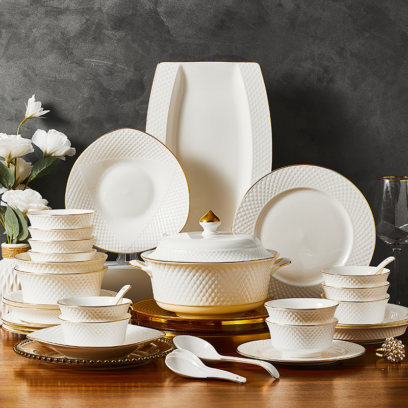 2026 New Bone China Bowls and Plates, Light Luxury Style, New Chinese Style Jingdezhen Ceramics, Hotel Tableware Set, Bowls and Plates Suitable for Home Use