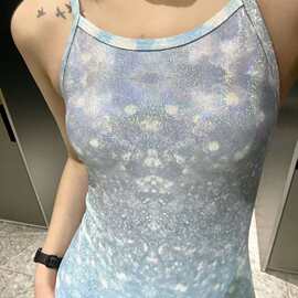 韩版ins风甜美竞速游泳衣美背烫金炫彩修身遮肉泳装女式保守泳衣