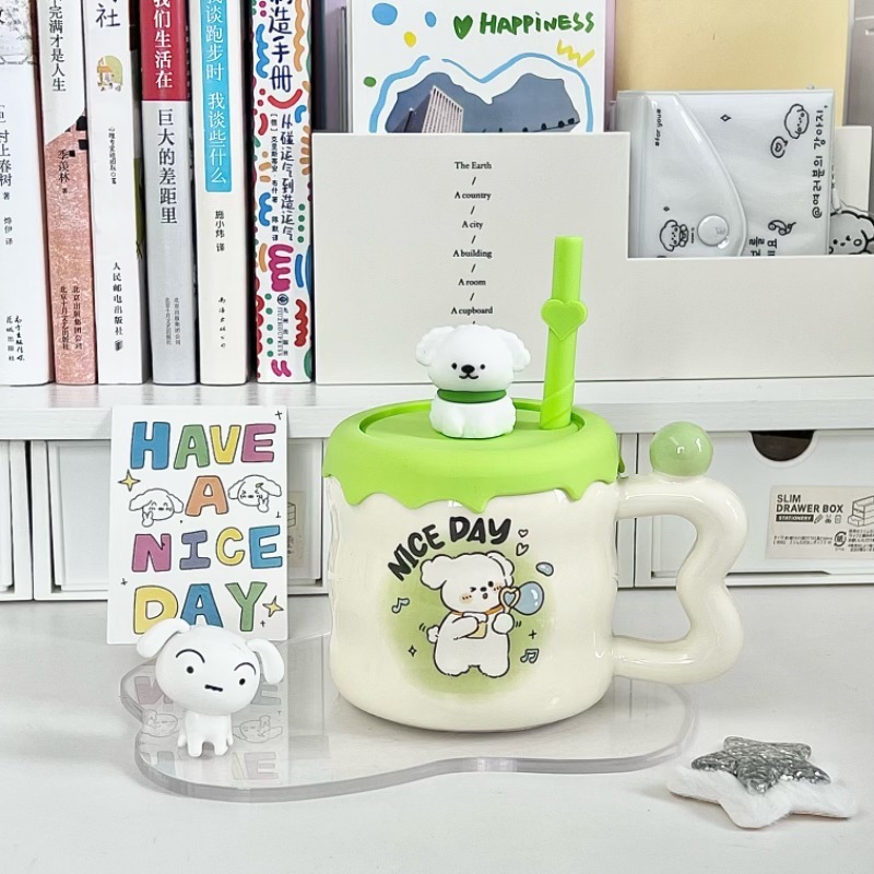 誕生日プレゼントかわいい子犬ストローカップ漫画セラミックマグカップ蓋付き女子プレゼント家庭用コップ|undefined