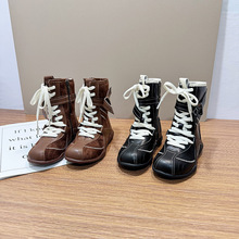 复古休闲儿童骑士靴秋冬新款男女童拳击靴英伦风软底系带高筒皮靴