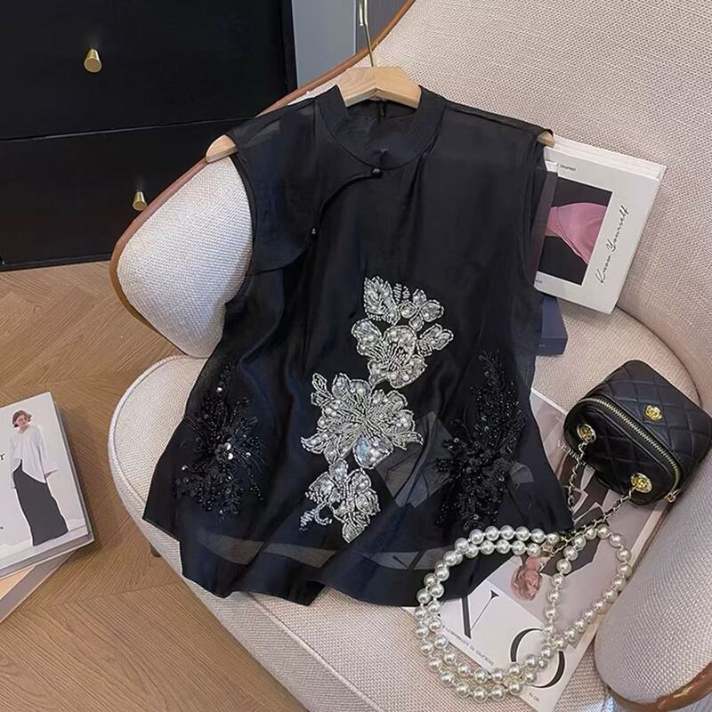 In Stock 2025 New Model Stunning at First Glance ~ Light Chinese Style Sleeveless New Chinese Style Heavy Sequin Shirt 3012