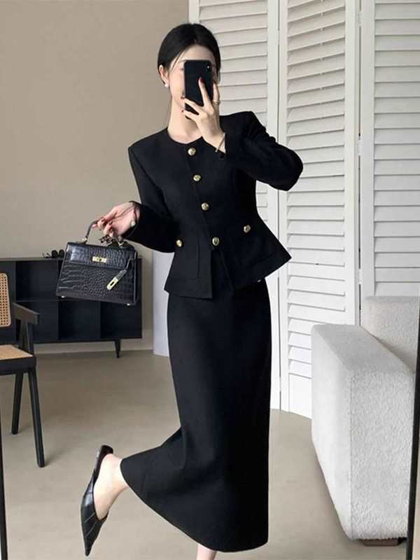 法式小香风时尚套装女2025秋季新款修身显瘦黑色外套半身裙两件套|undefined