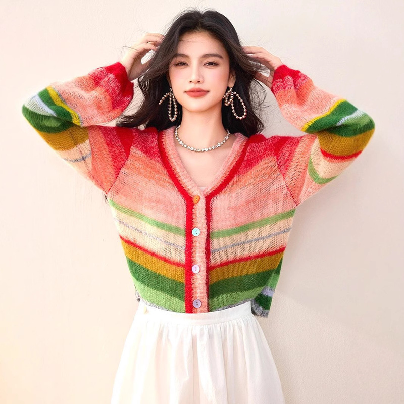 R5222 autumn and winter new bright mohair rainbow contrast retro chic lantern sleeve wool cardigan