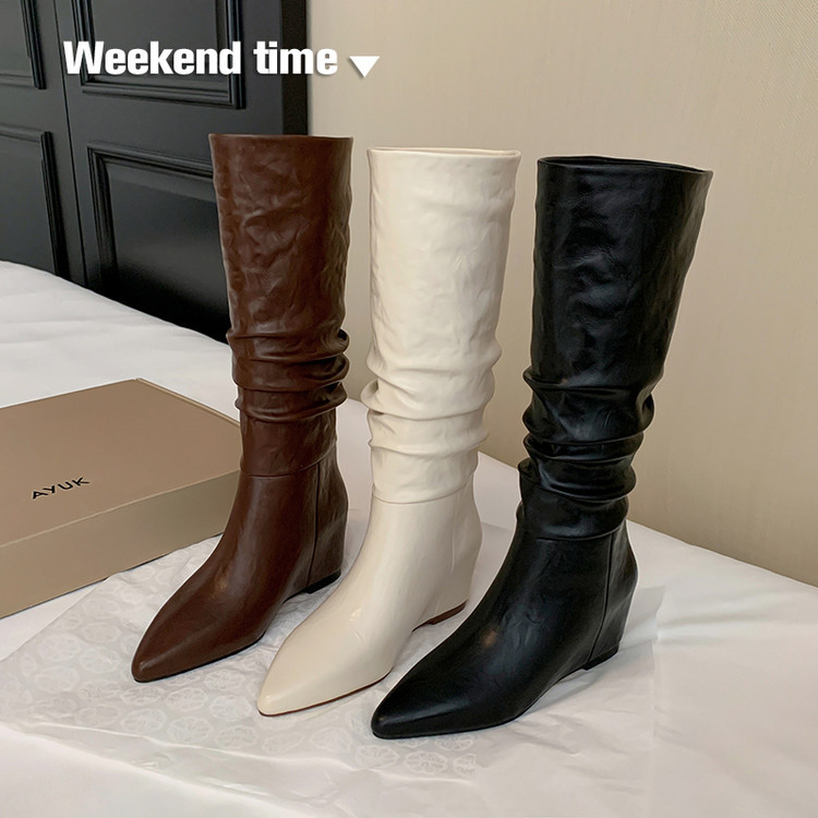French-Style Pointed Toe Wedge Boots for Petite Women, Height-Increasing Loose Slouchy Mid-Calf Boots, Knee-High Riding Boots for Women
