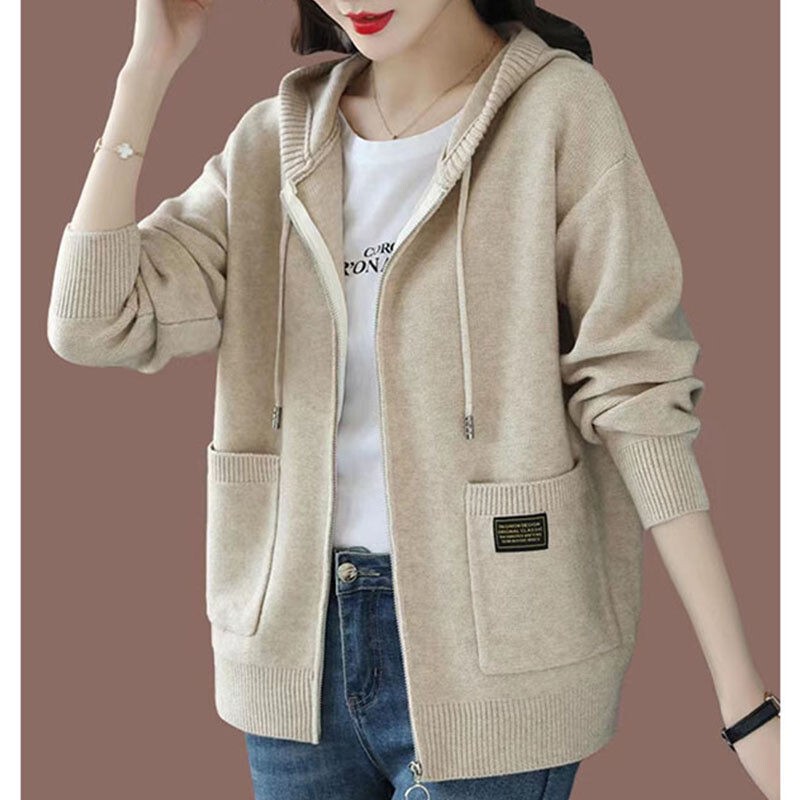 Autumn and Winter 2025 New Style Hooded Sweater Jacket for Women, Stylish Loose Fit, Slimming Outerwear with Hood, Zippered Knit Cardigan
