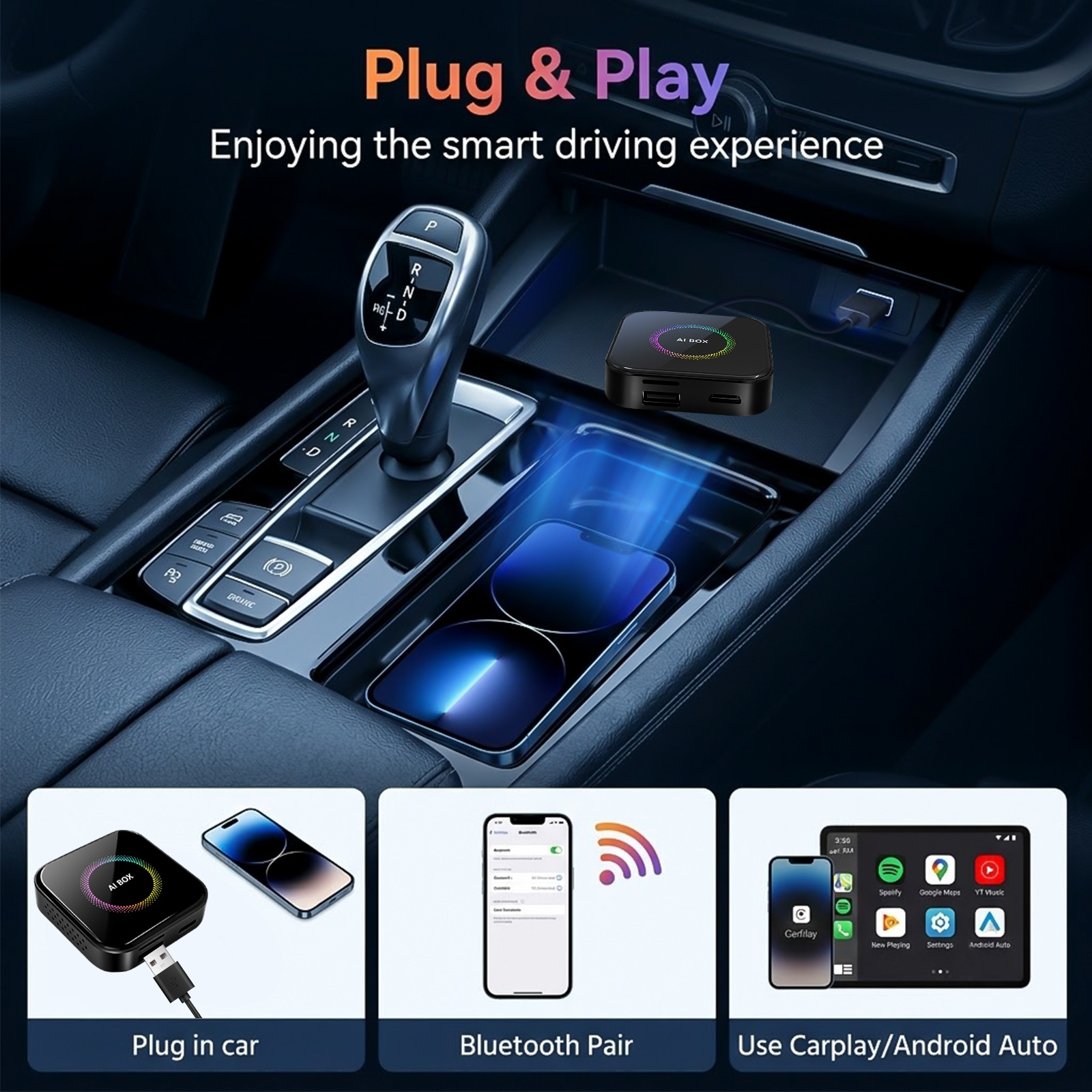 Cross-Border Best-Selling 4-in-1 Car Android Box Wired to Wireless Carplay Android Auto Screen Mirroring Box