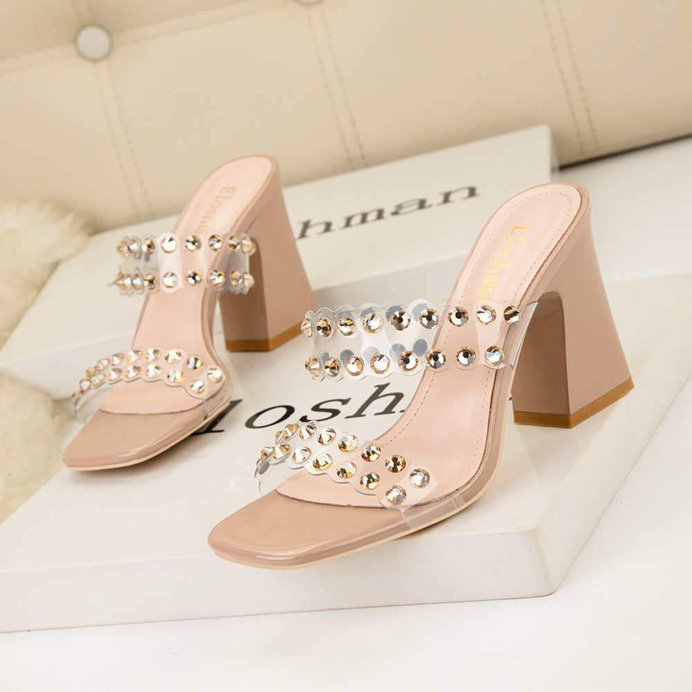 318-1 sexy banquet high heels women's shoes thick heels high heels open toe Rhinestone straight belt transparent sandals