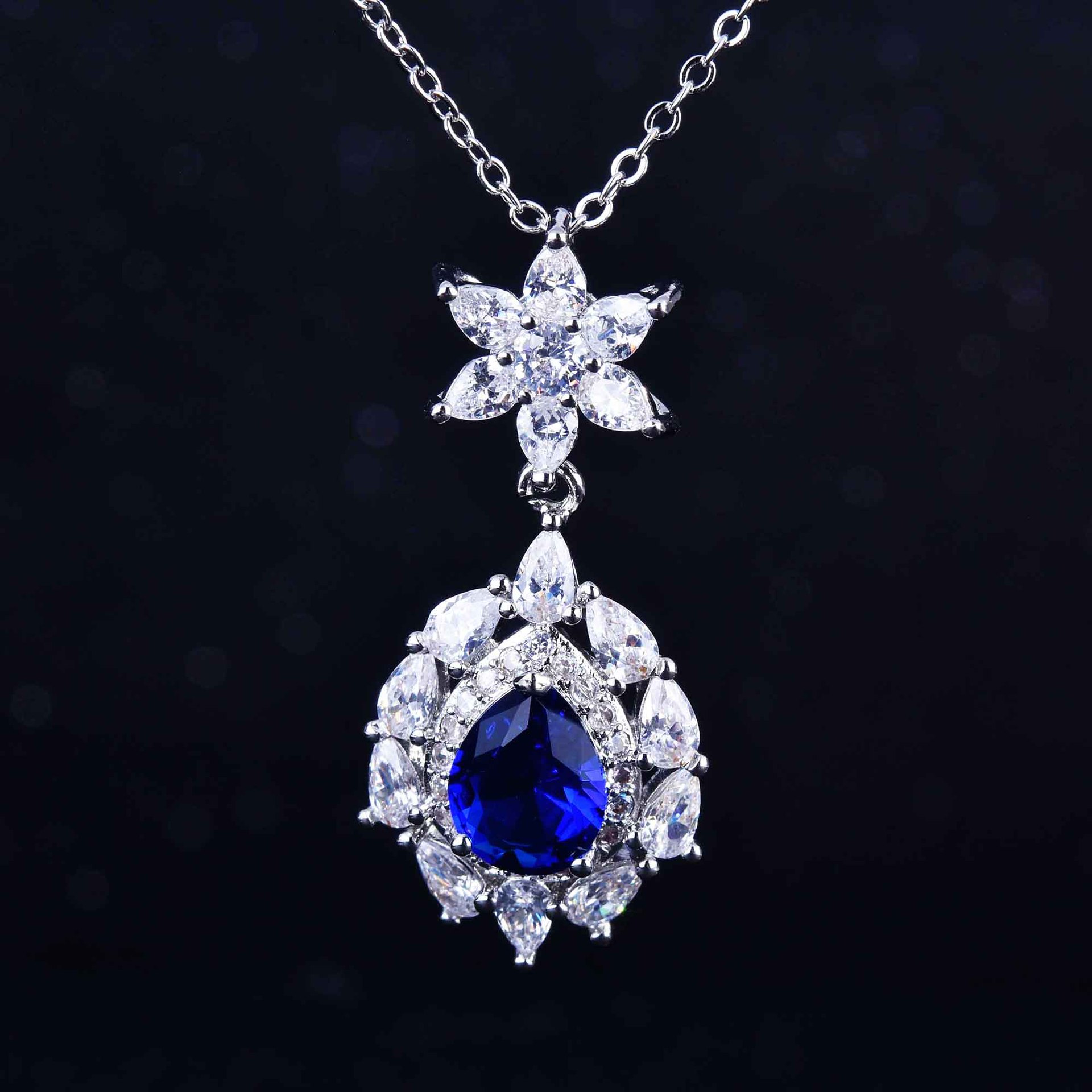 European And American Luxury Imitation Natural Tanzanite Blue Jewellery Drop-shaped Diamond Earrings, Colorful Ring Pendants display picture 1