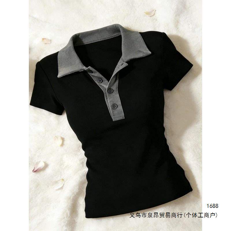 美式复古撞色拼接正肩短袖t恤女夏季修身显瘦收腰短款辣妹上衣ins