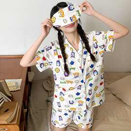 POP卡通日系学生纯棉睡衣女夏季短袖新款可爱家居服送眼罩日韩供