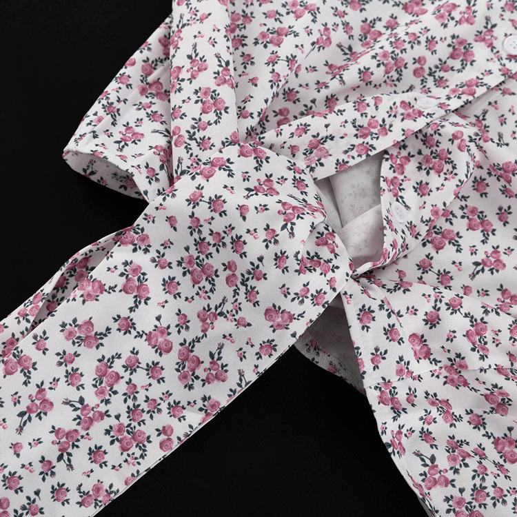 Floral Women Clothing Long Sleeve Collared Shirt Ruffled Shorts Two Piece Set