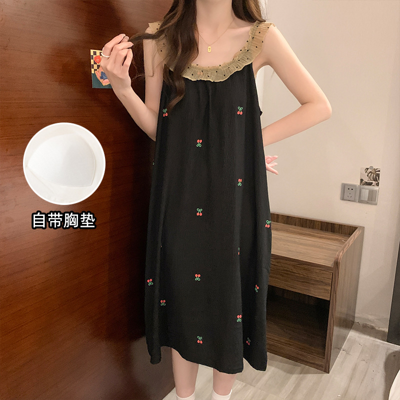 2025 pijama de verano encaje pijama de cuello redondo nubes de algodón cómodas transpirables dulces pequeñas cereza se puede usar ropa para el hogar