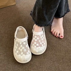 2024夏季新款日系兩穿包頭涼鞋蕾絲透氣軟底百搭鏤空平底鞋女