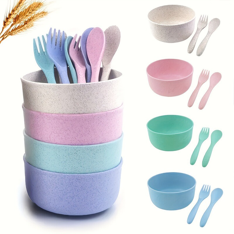 Cross Border TEMU Hot Sale 12 Pieces Wheat Straw Tableware suit Plastic Bowl Soup Bowl Party Spoon Fork Home AliExpress