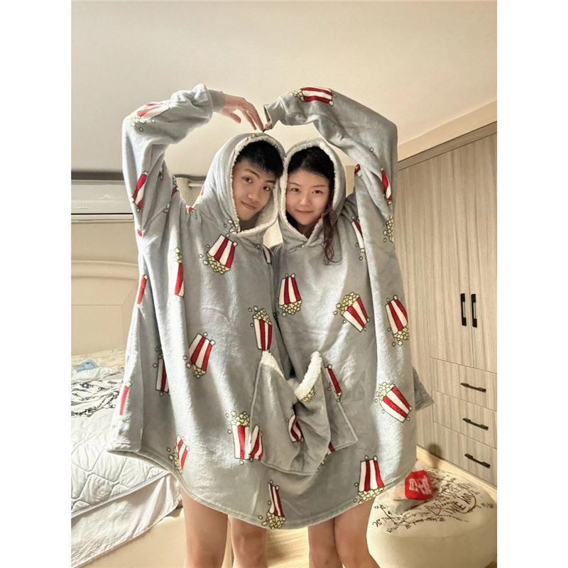 팝콘 가을과 겨울 새 커플 여자 친구 더블 한 조각 잠옷 친밀한 한 조각 후드 스웨터 느슨한 홈 옷