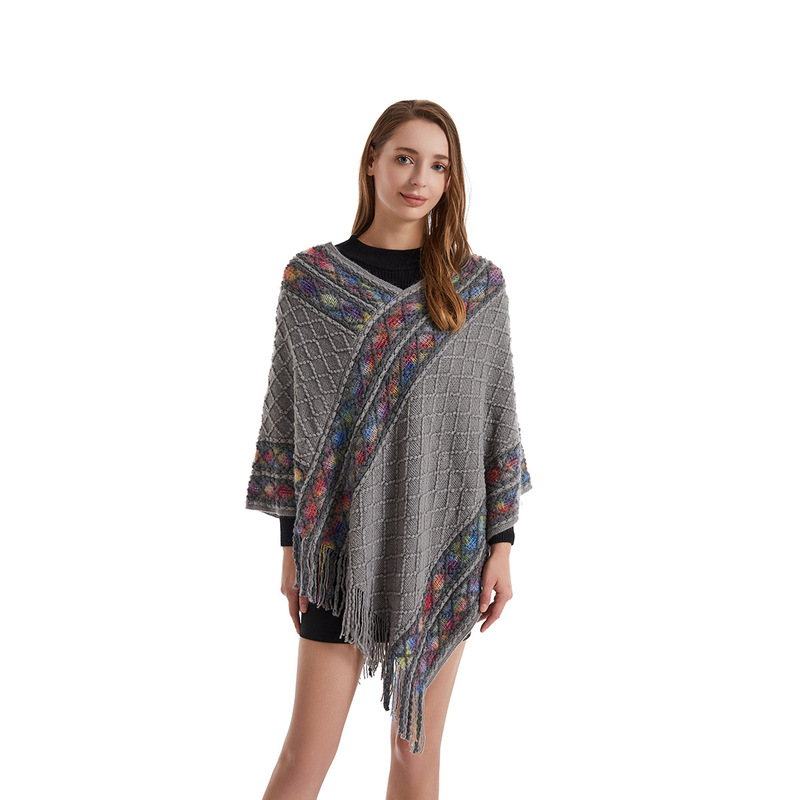 Europe and the United States cross-border Women's 2022 autumn and winter New lazy wind V-neck tassel rainbow cape sweater women's foreign trade
