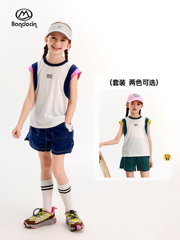 ハーフデグリーレジャーガールズサマーベストスーツ、ファッショナブルな2025新しい中型および大型子供服、夏のカジュアルショーツ、トレンディ|undefined
