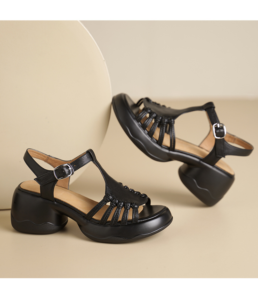 Sandal nữ đế dày quai ngang khóa chữ T dệt phong cách thể thao — đen chi tiết 14