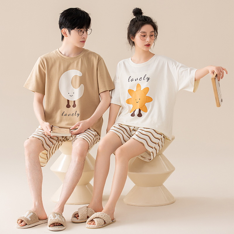 Pijamas de pareja de verano, algodón puro, estilo veraniego para hombre y mujer, novedad de verano 2025, conjunto de ropa de casa de manga corta con dibujos animados