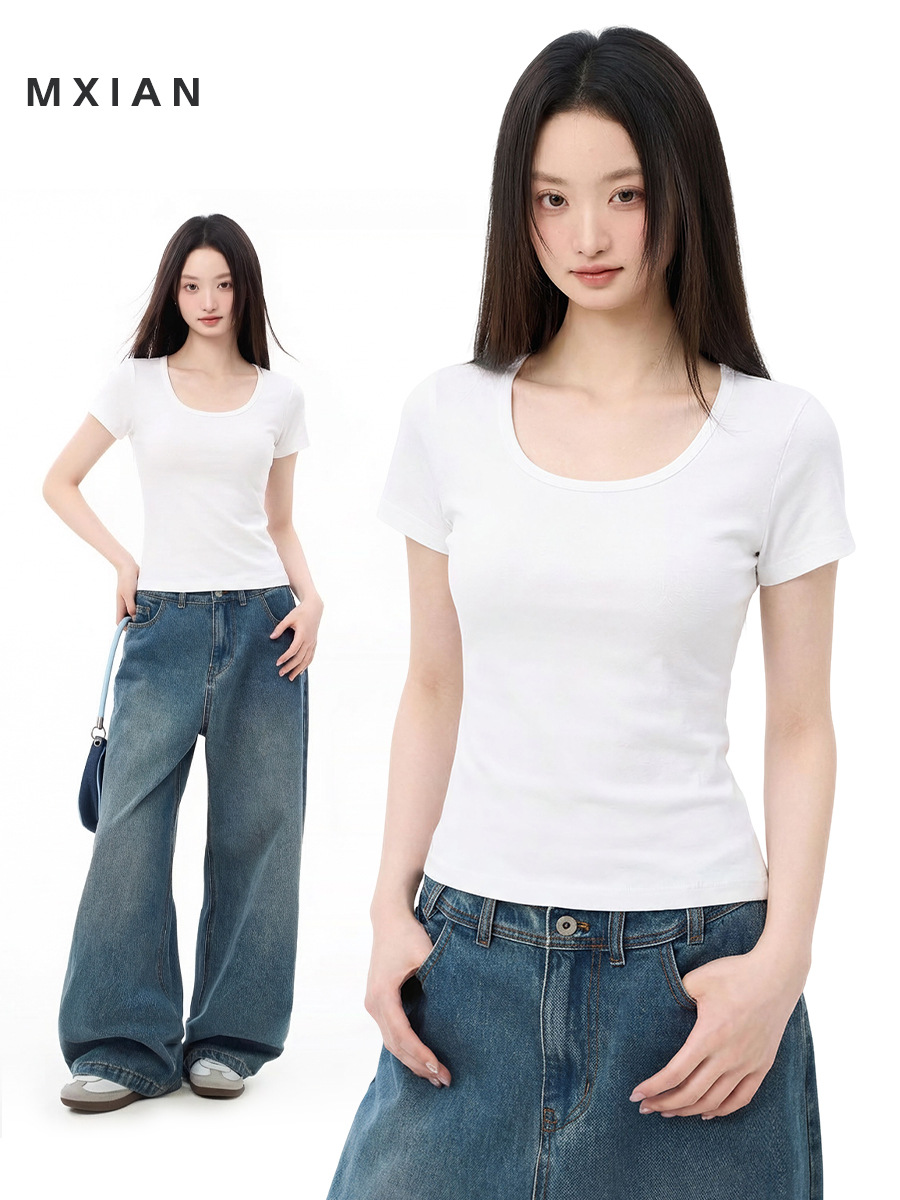 Summer base white design solid short short sleeve T-shirt