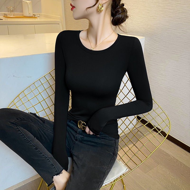 黒の長袖Tシャツレディース薄手白ボトムシャツレディースインナー2025春秋新作トップス|undefined