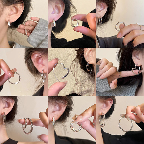 925 Silver Needle Hong Kong Style Retro Metal Earrings Women's High-Quality Geometric Hoop Earrings Versatile Exaggerated Commuting Earrings