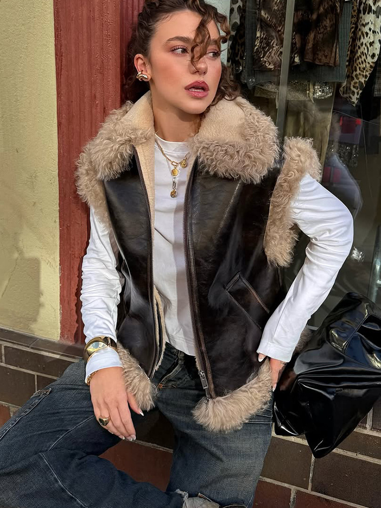 Temperamento de moda estilo casual empalme pieles sin mangas una chaleco para mujeres 2025 otoño y invierno nuevo cross-border Europa y América