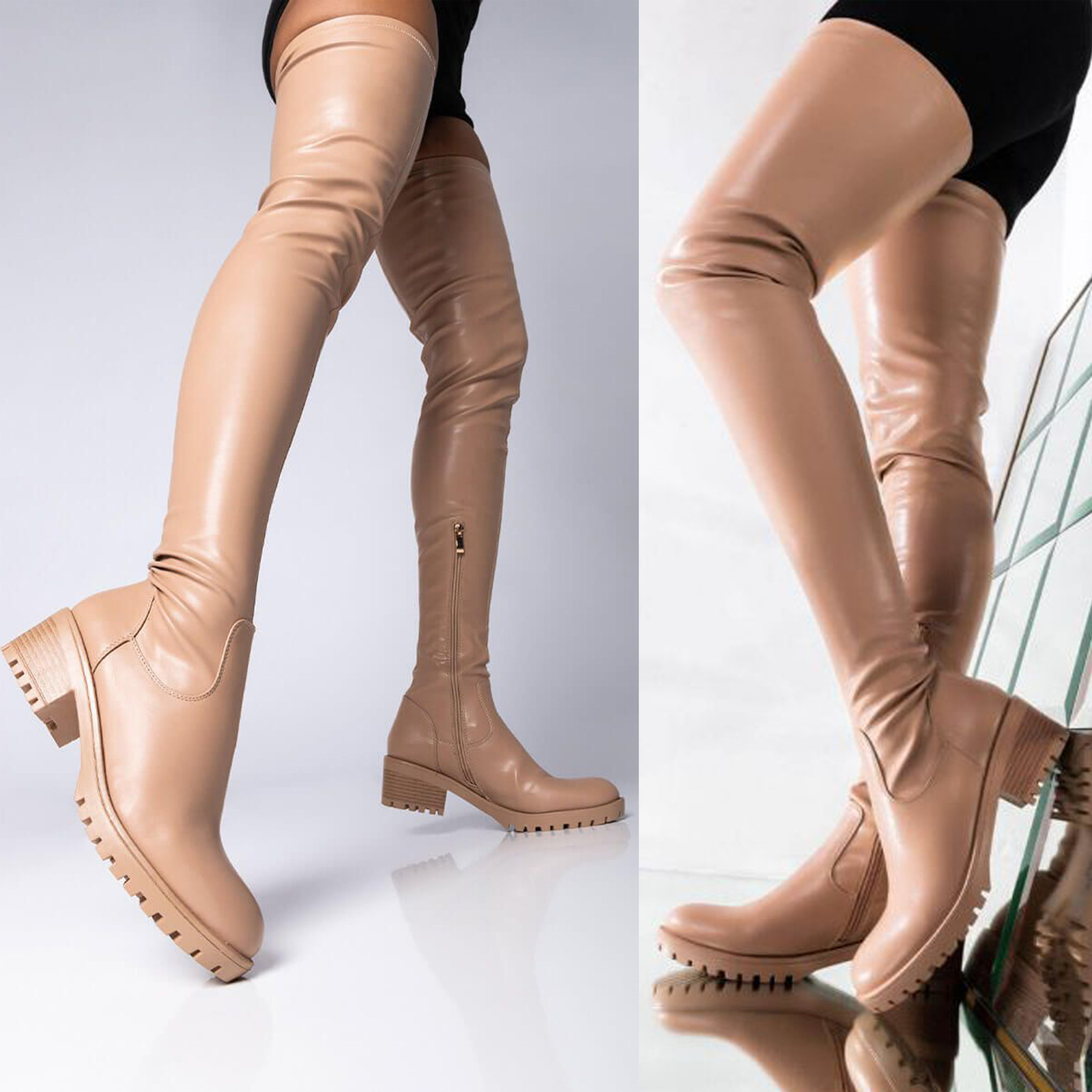 Women's Shoes mid heel retro round toe 40 43 zipper PU leather long boots women boots_voghion.com