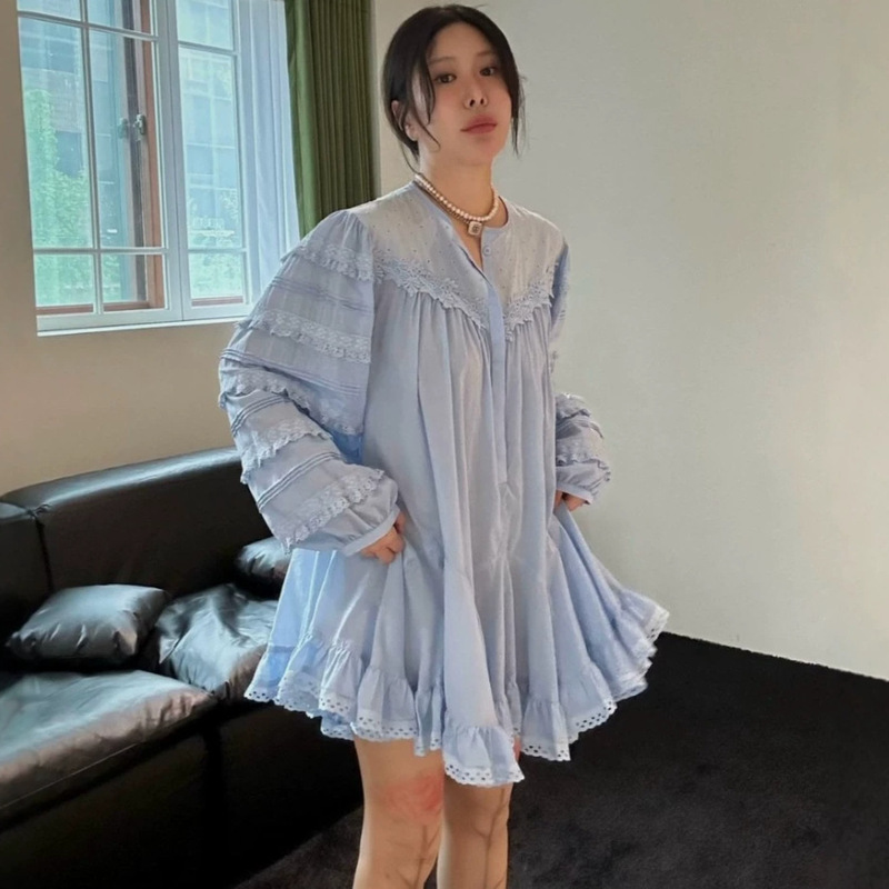 Dongdaemun Ins Spring and Autumn Versatile Korean Style Sweet Age-Reducing Lace Patchwork Loose Dress for Petite Women