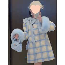 羽绒服2025狐狸毛斗篷外套女中长款大衣蝴蝶结简约格子拼色上衣