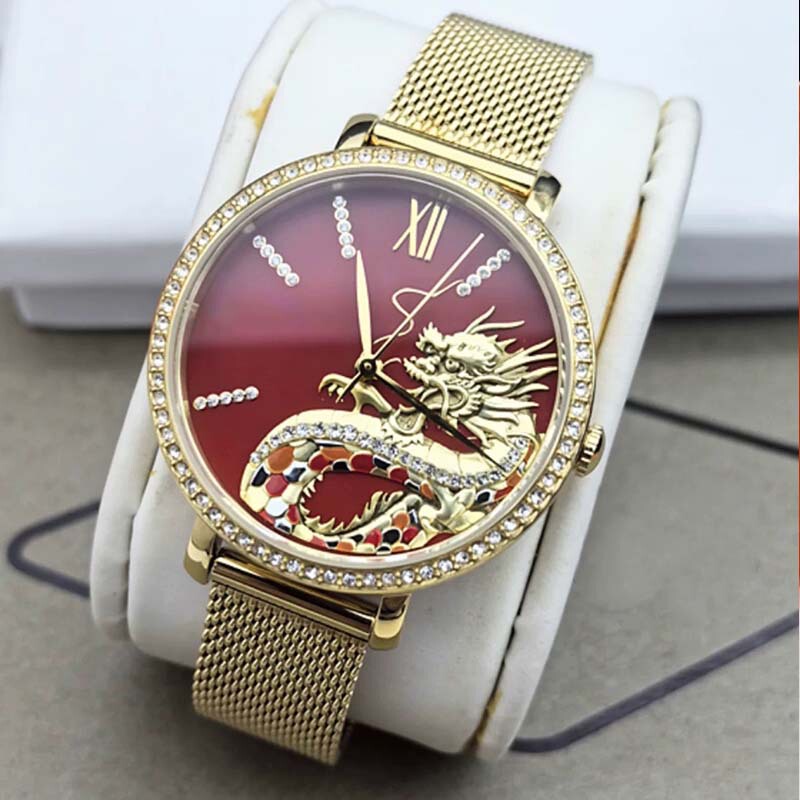 Fs Fossil Watch Golden Year of the Dragon Totem Fashion Diamond Stainless Steel Strap Quartz Waterproof Women's Watch Es5316