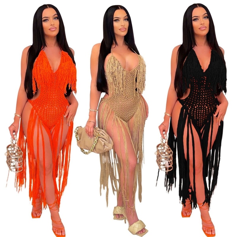 Ready Stock, European and American Short-Sleeved Amazon and Aliexpress Foreign Trade Women's Clothing, Tassel Beach Dress, Hollow-Out Cover-Up Long Dress