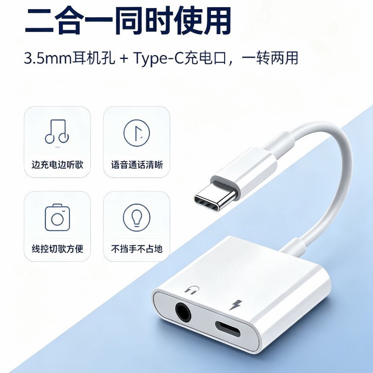 Type-C 2-in-1 Digital Audio Adapter Cable for Charging and Music Sync