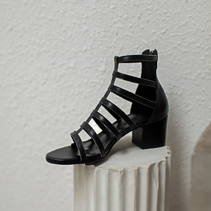 Sandal nữ cao gót siêu cao da bò kiểu La Mã cổ cao gót thô — Màu đen chi tiết 18