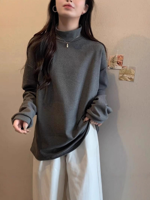 白色半高领德绒打底衫女秋冬内搭加绒加厚保暖长袖t恤上衣欧美风|undefined