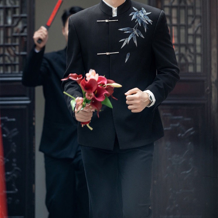 新しい中国風の紳士服中国風の男性の結婚式の秀和服新郎スーツスタンドカラータングスーツメンズチュニック|undefined