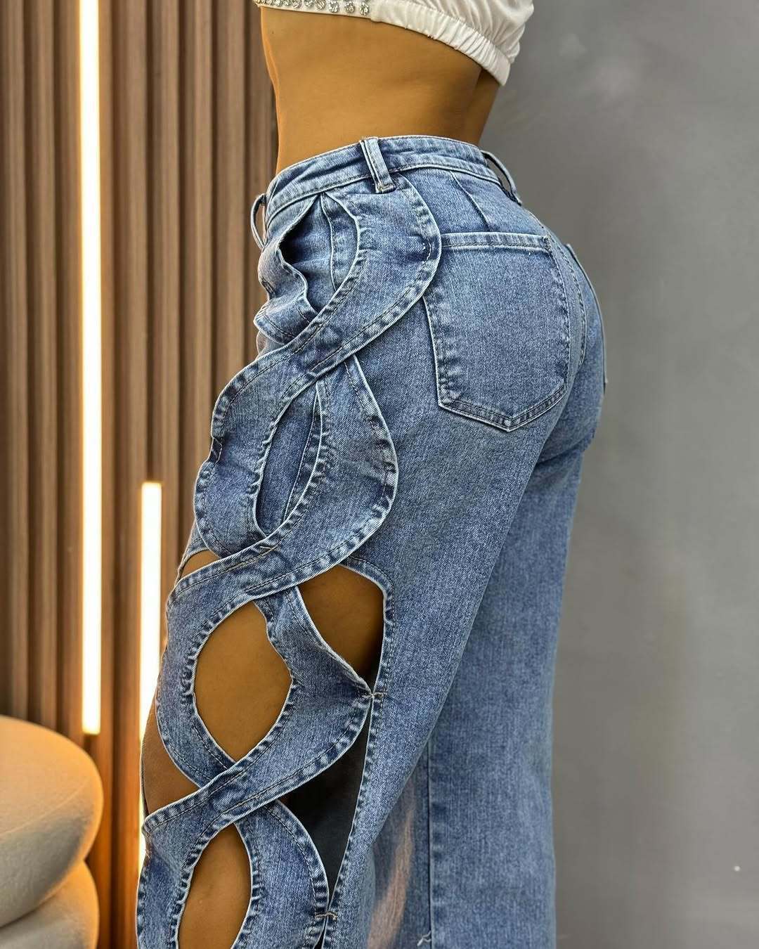 Women's Side Cutout S-Line Denim Pants – Edgy Patchwork Jeans With Distressed Details (Blue/Black-Gray, S-2XL)​_mkmklike.com