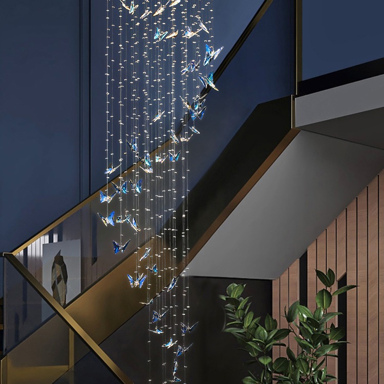 Luz azul dúplex simple luz de la escalera Moderna villa giratoria bien gire la luz mariposa salón escalera de cristal araña de color