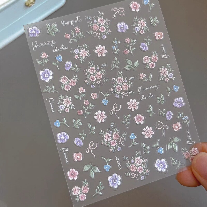 Cute New Floral Wildflower Spring Embossed 3D Nail Art Stickers Fresh Ins Oil Painting Simple Flat Decoration